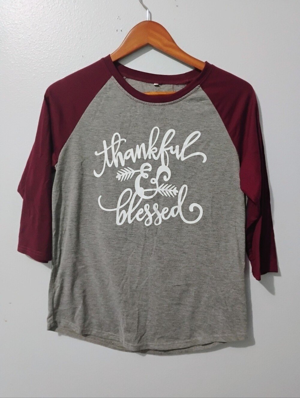 Thankful & Blessed Raglan Baseball Tee - Gray and Maroon